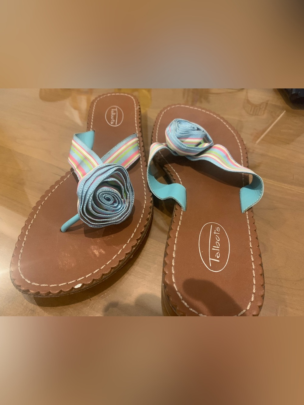 Talbots Light Blue Rosette Ribbon Sandals with Striped Accent